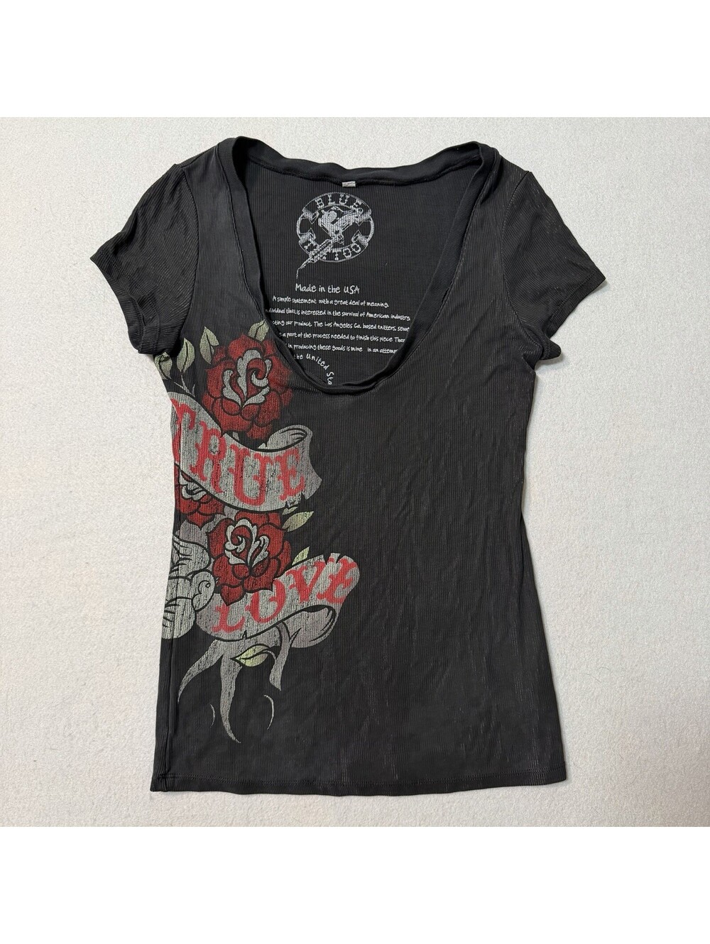 Vintage Y2K Blue Tattoo Made in USA Scoop Neck Tee Charcoal Rose True Love Top